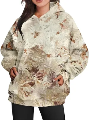 Womens Camo Hoodies Oversized Maple Leaf Print Sweatshirts Fleece Casual Long Sleeve Pullover Sweaters with Pockets