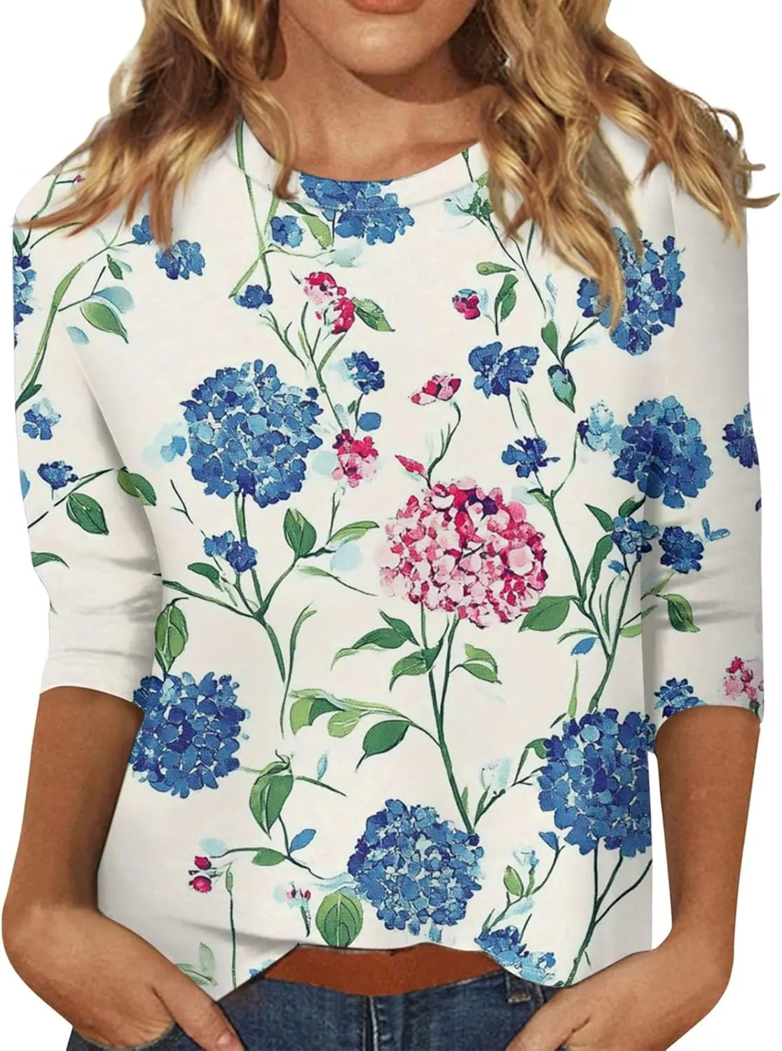 Women's Casual 3/4 Length Sleeve T-Shirts Round Neck Cute Tunic Tops Basic Tees Blouses Business Work Tee Top