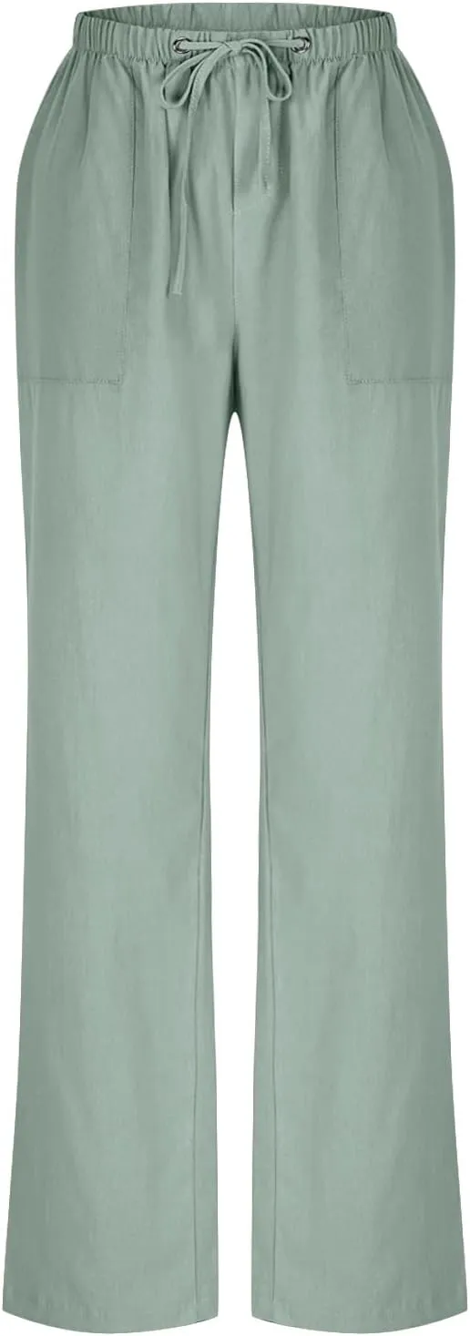 Womens Casual Pants Plus Size Summer Linen Pants Drawstring Waist Straight Leg Beach Pants Loose Comfy Work Pants