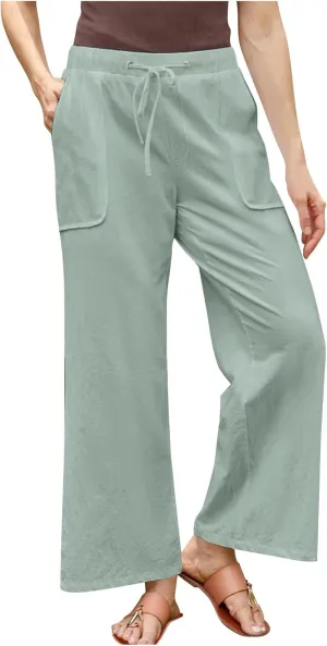 Womens Casual Pants Plus Size Summer Linen Pants Drawstring Waist Straight Leg Beach Pants Loose Comfy Work Pants