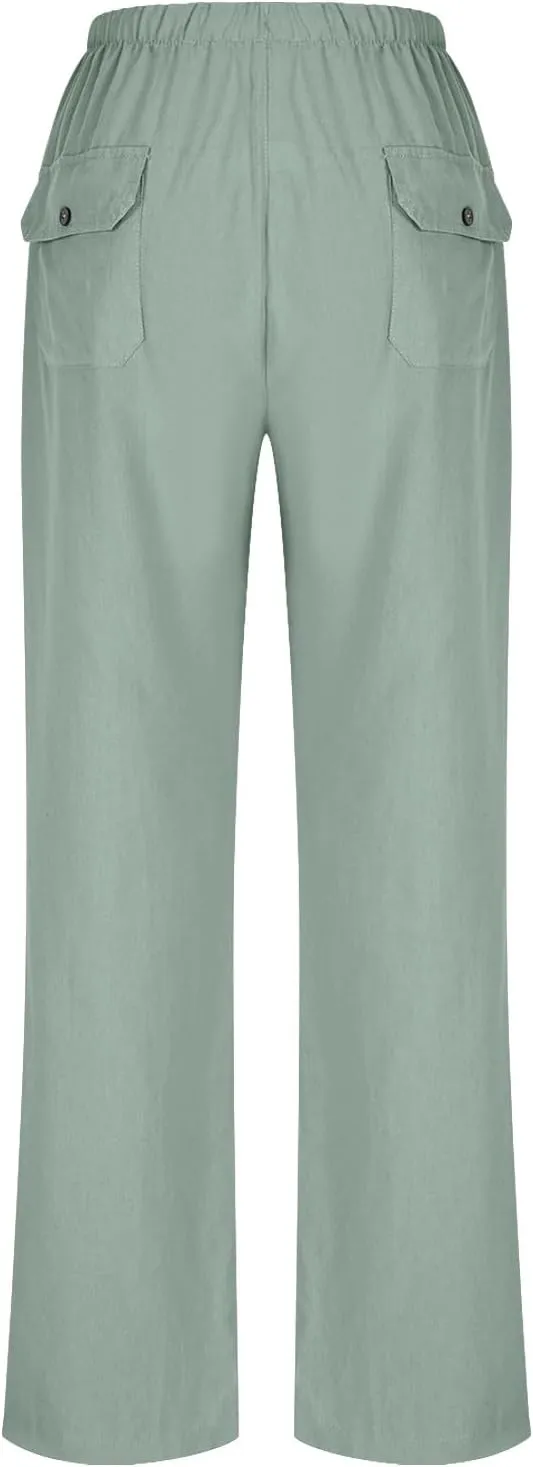 Womens Casual Pants Plus Size Summer Linen Pants Drawstring Waist Straight Leg Beach Pants Loose Comfy Work Pants