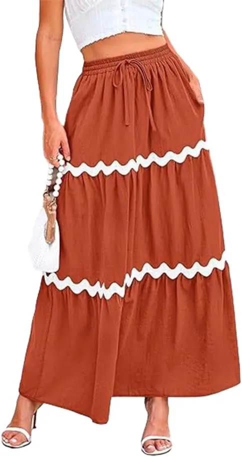 Women's Casual Summer Boho Long Skirt Elastic Waist Ruffle Tiered Skirt Cute Beach A-line Flowy Maxi Skirts
