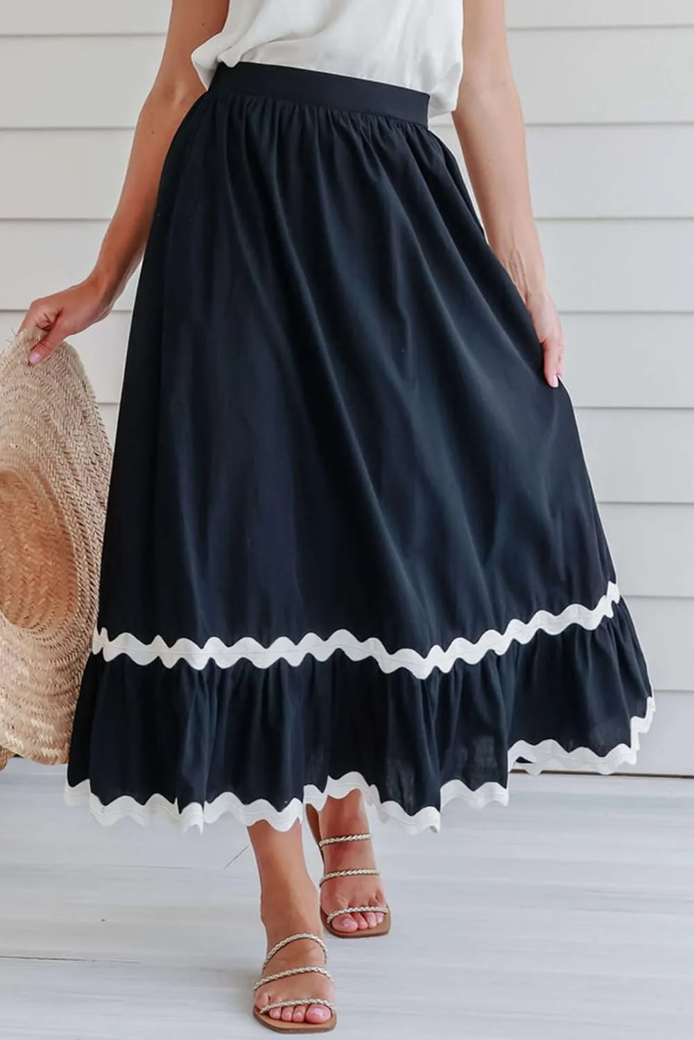 Women's Casual Summer Boho Long Skirt Elastic Waist Ruffle Tiered Skirt Cute Beach A-line Flowy Maxi Skirts