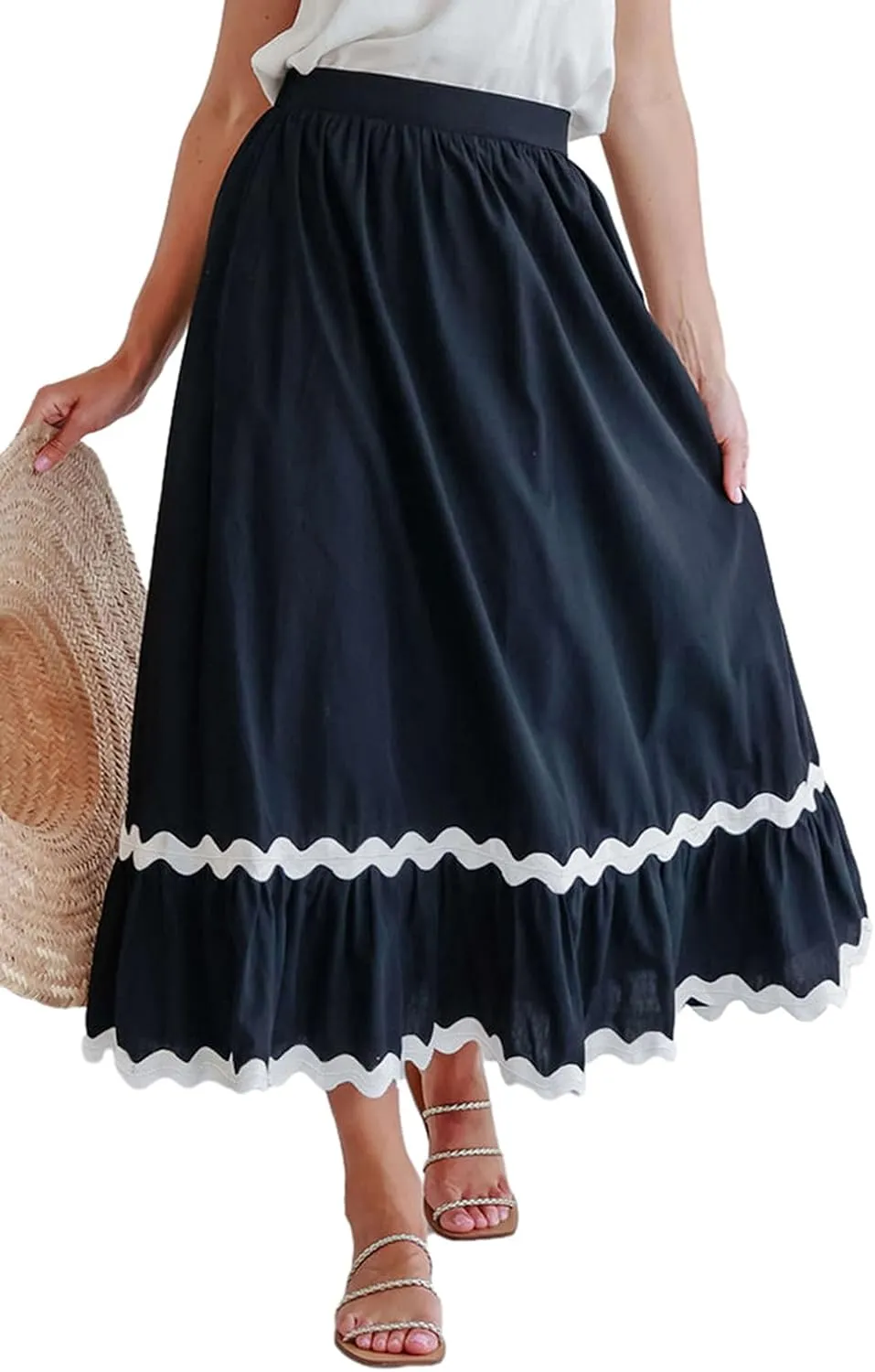 Women's Casual Summer Boho Long Skirt Elastic Waist Ruffle Tiered Skirt Cute Beach A-line Flowy Maxi Skirts