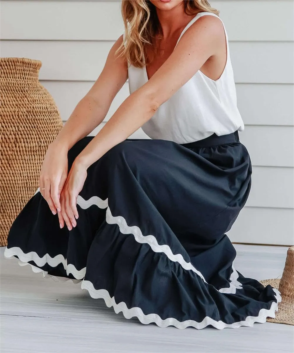 Women's Casual Summer Boho Long Skirt Elastic Waist Ruffle Tiered Skirt Cute Beach A-line Flowy Maxi Skirts