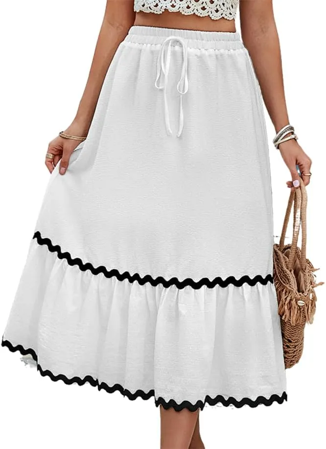 Women's Casual Summer Boho Long Skirt Elastic Waist Ruffle Tiered Skirt Cute Beach A-line Flowy Maxi Skirts