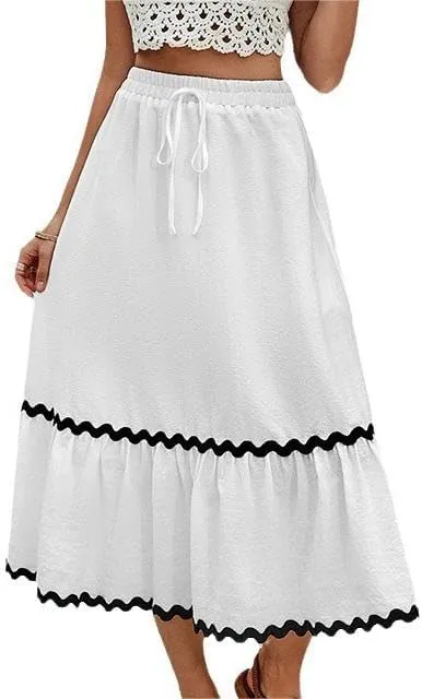 Women's Casual Summer Boho Long Skirt Elastic Waist Ruffle Tiered Skirt Cute Beach A-line Flowy Maxi Skirts