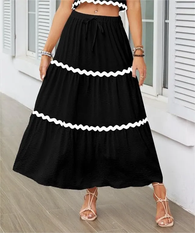 Women's Casual Summer Boho Long Skirt Elastic Waist Ruffle Tiered Skirt Cute Beach A-line Flowy Maxi Skirts
