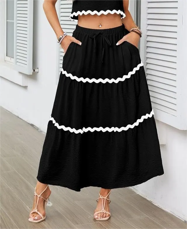 Women's Casual Summer Boho Long Skirt Elastic Waist Ruffle Tiered Skirt Cute Beach A-line Flowy Maxi Skirts