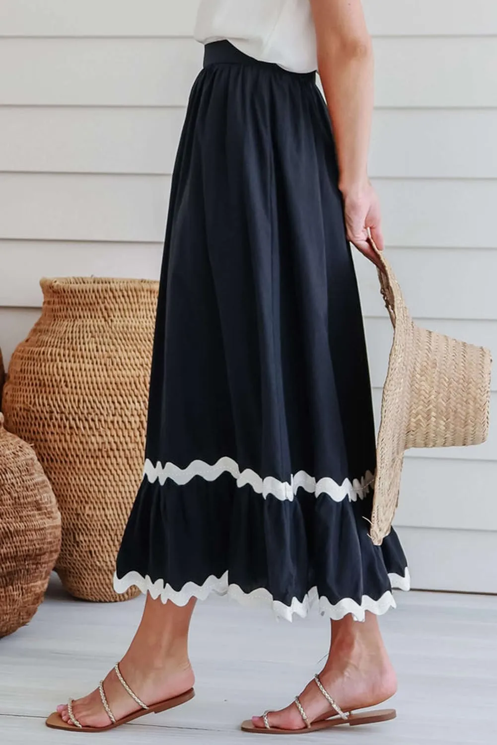 Women's Casual Summer Boho Long Skirt Elastic Waist Ruffle Tiered Skirt Cute Beach A-line Flowy Maxi Skirts