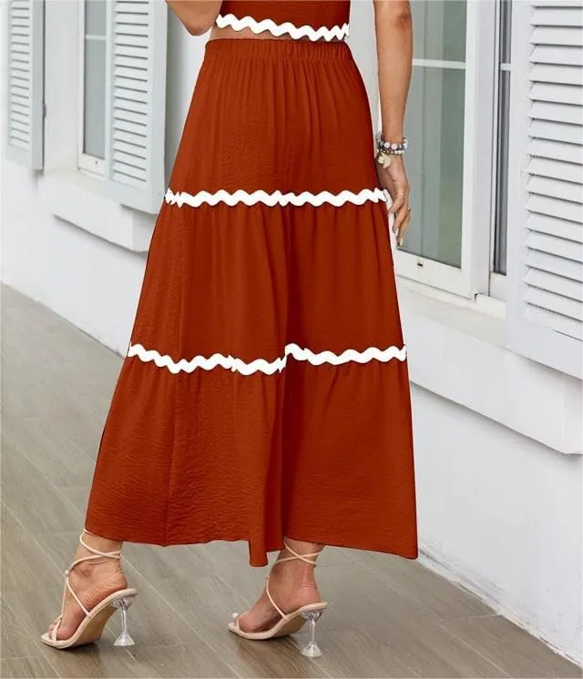 Women's Casual Summer Boho Long Skirt Elastic Waist Ruffle Tiered Skirt Cute Beach A-line Flowy Maxi Skirts