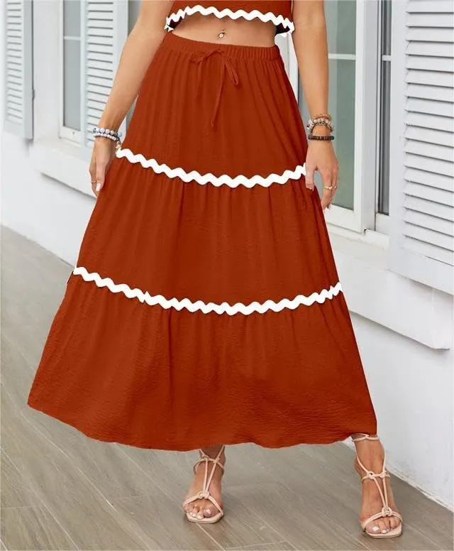 Women's Casual Summer Boho Long Skirt Elastic Waist Ruffle Tiered Skirt Cute Beach A-line Flowy Maxi Skirts
