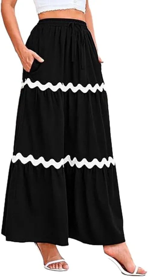 Women's Casual Summer Boho Long Skirt Elastic Waist Ruffle Tiered Skirt Cute Beach A-line Flowy Maxi Skirts