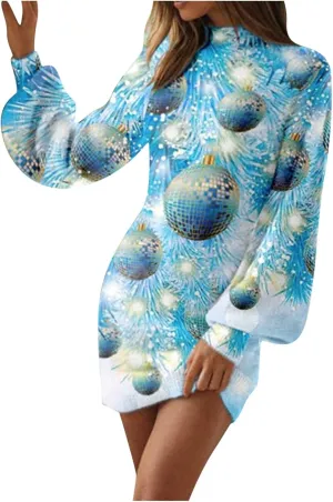 Women's Christmas Mid-Length Dress Colorful Print Slim Fit Casualutumn Long Sleeve Fashion Sweater Jumper Dresses