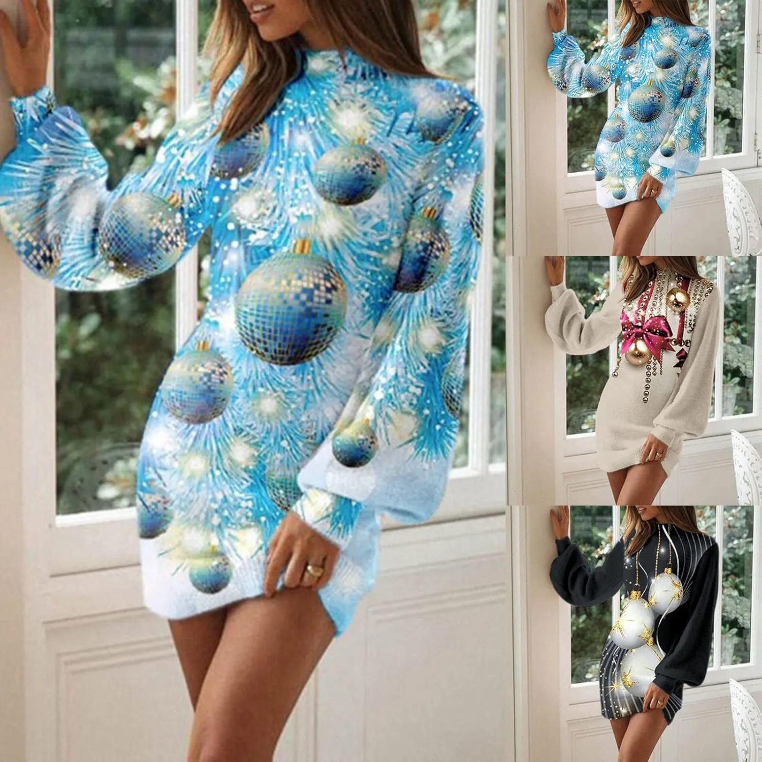 Women's Christmas Mid-Length Dress Colorful Print Slim Fit Casualutumn Long Sleeve Fashion Sweater Jumper Dresses