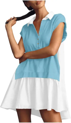 Women's Color Block Dress Button Down Short Sleeve Shirt Dress One Piece Summer Dresses Casual Loose Flowy Swing Dresses