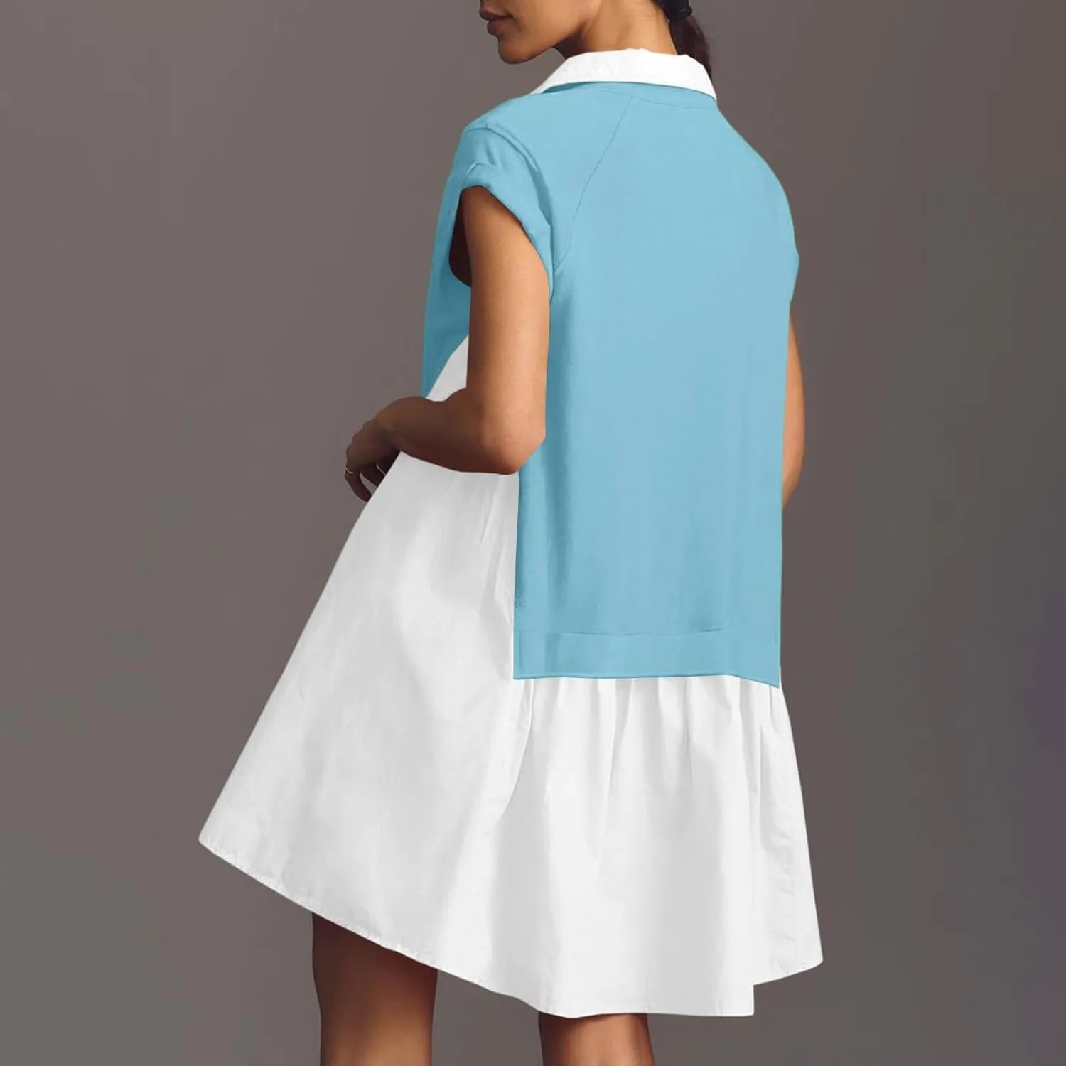 Women's Color Block Dress Button Down Short Sleeve Shirt Dress One Piece Summer Dresses Casual Loose Flowy Swing Dresses