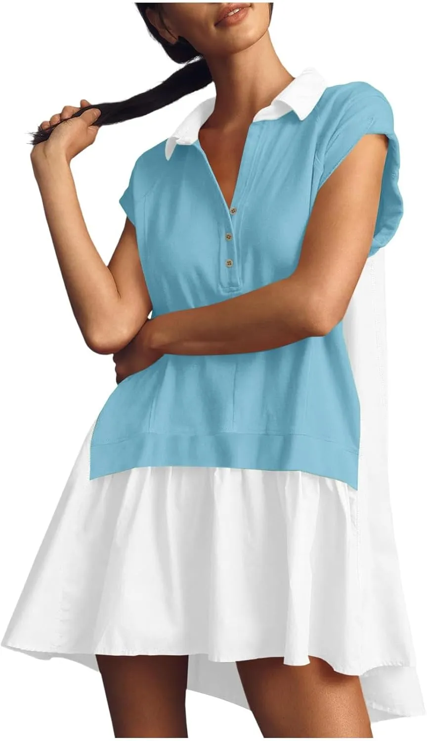 Women's Color Block Dress Button Down Short Sleeve Shirt Dress One Piece Summer Dresses Casual Loose Flowy Swing Dresses