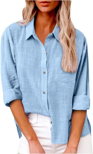 Womens Cotton Linen Button Down Shirt 2024 Spring Casual Long Sleeve Solid Color Shirts Loose Work Tops with Pockets