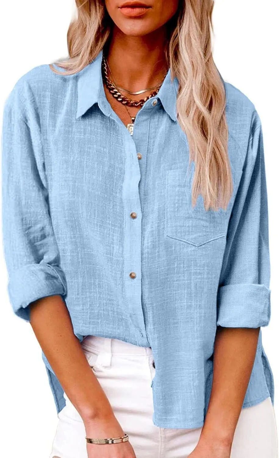 Womens Cotton Linen Button Down Shirt 2024 Spring Casual Long Sleeve Solid Color Shirts Loose Work Tops with Pockets