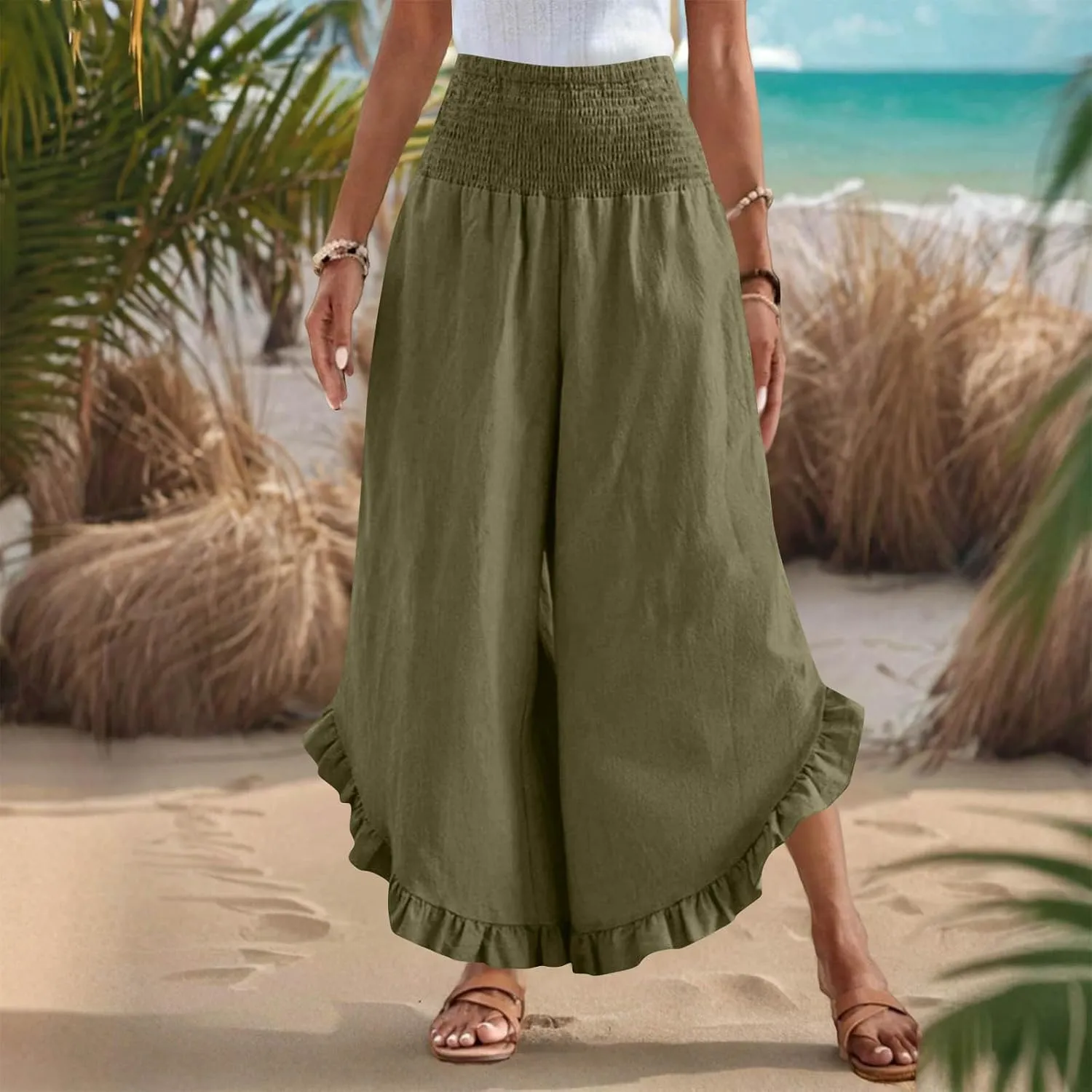 Women's Cotton Linen Pant Summer Wide Leg Trousers Casual Elastic Drawstring High Waist Palazzo Pants Pockets S-XXL