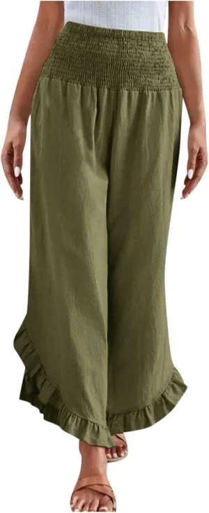 Women's Cotton Linen Pant Summer Wide Leg Trousers Casual Elastic Drawstring High Waist Palazzo Pants Pockets S-XXL
