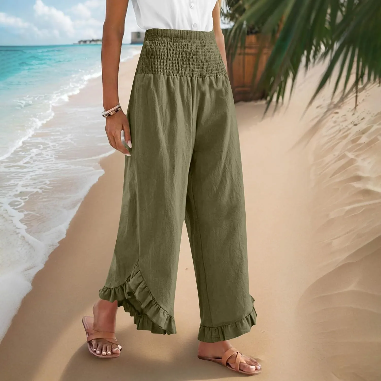 Women's Cotton Linen Pant Summer Wide Leg Trousers Casual Elastic Drawstring High Waist Palazzo Pants Pockets S-XXL