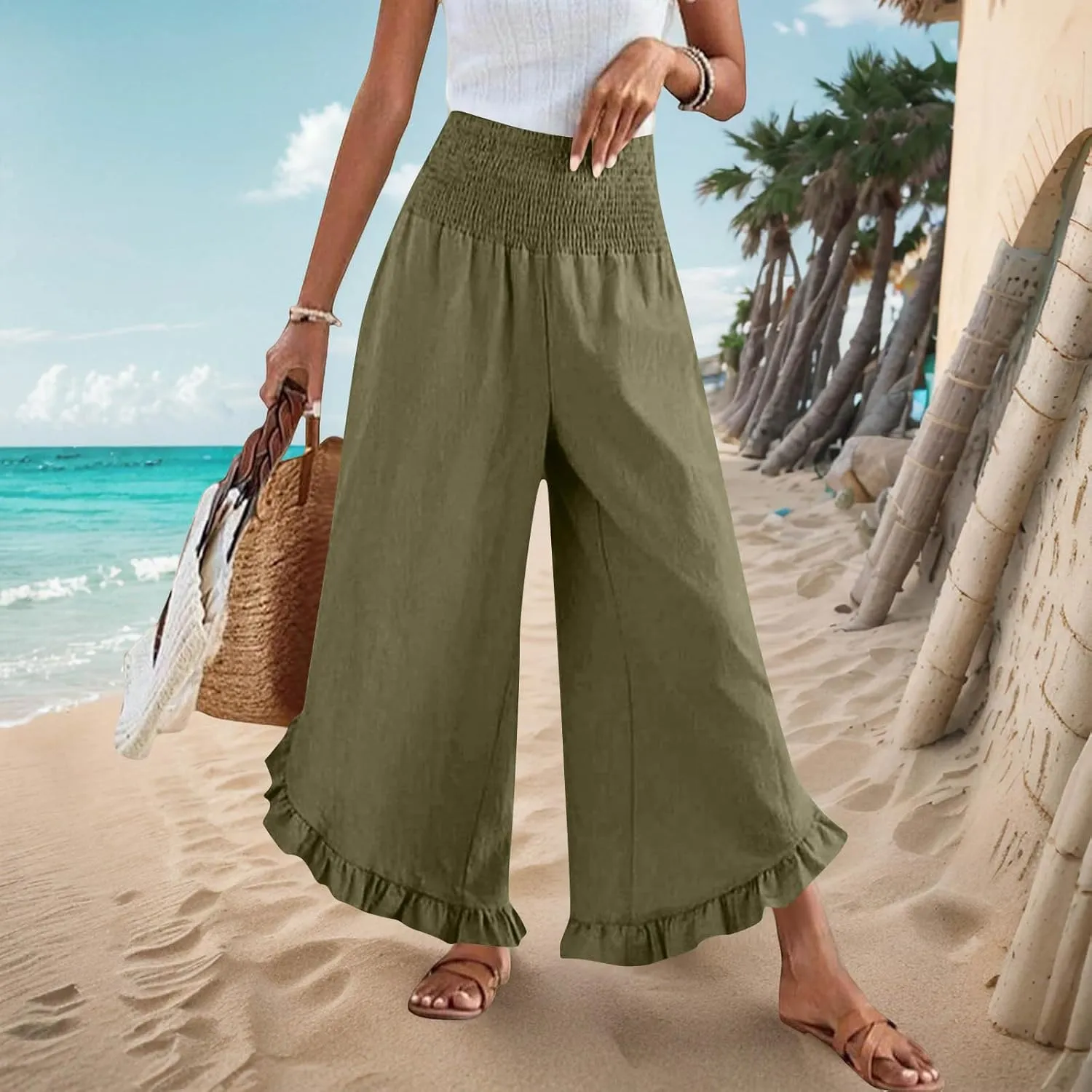 Women's Cotton Linen Pant Summer Wide Leg Trousers Casual Elastic Drawstring High Waist Palazzo Pants Pockets S-XXL