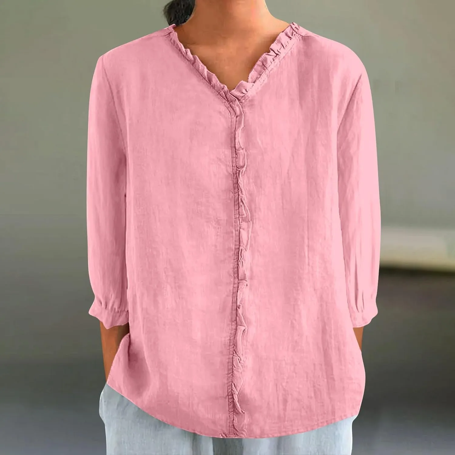 Women's Cotton Linen Shirts V Neck Ruffle Solid Color Loose Blouse 3/4 Sleeve Summer 2025 Trendy Casual Shirt Tops