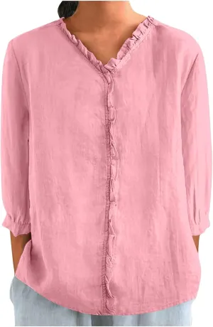 Women's Cotton Linen Shirts V Neck Ruffle Solid Color Loose Blouse 3/4 Sleeve Summer 2025 Trendy Casual Shirt Tops