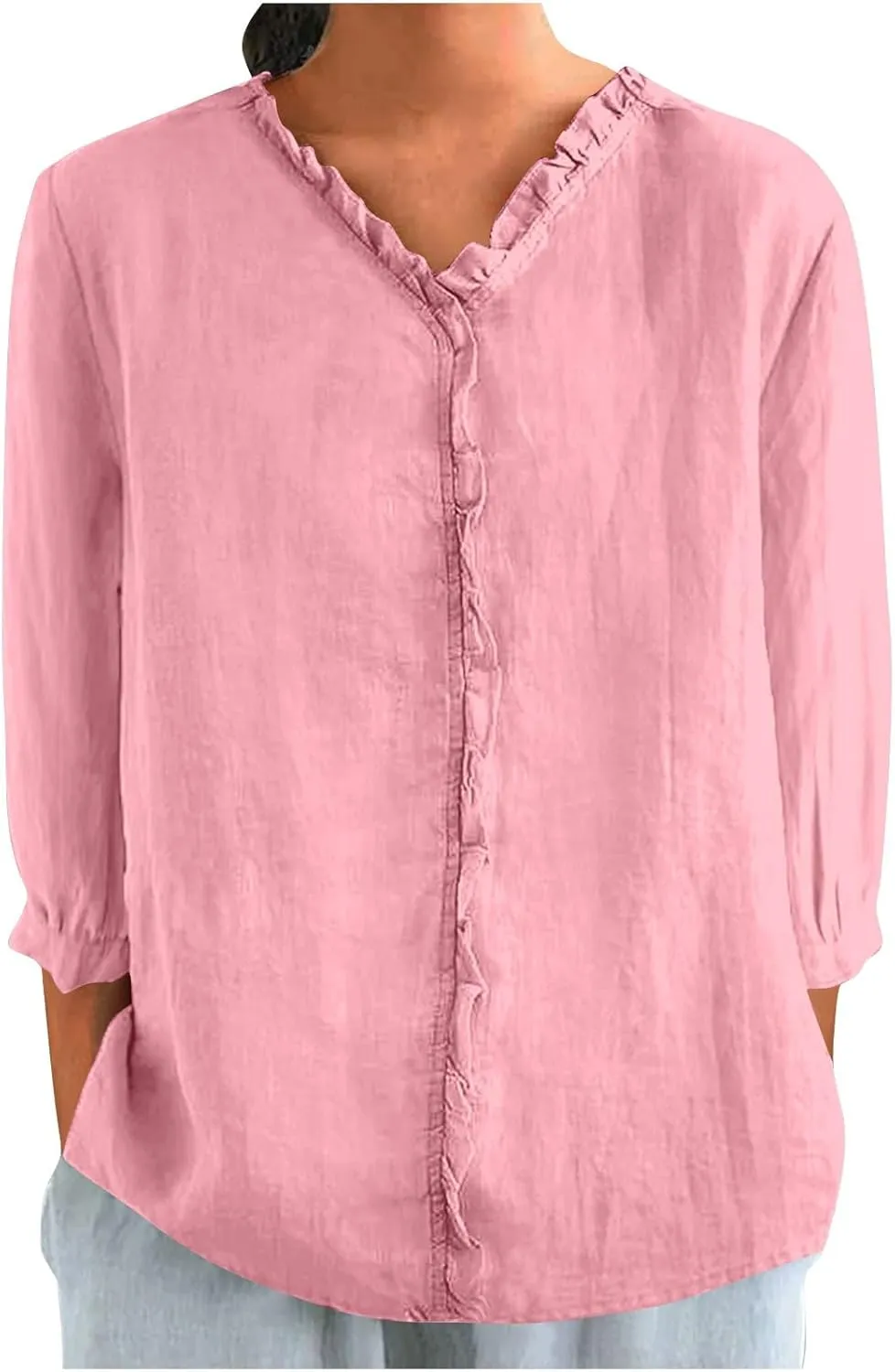 Women's Cotton Linen Shirts V Neck Ruffle Solid Color Loose Blouse 3/4 Sleeve Summer 2025 Trendy Casual Shirt Tops