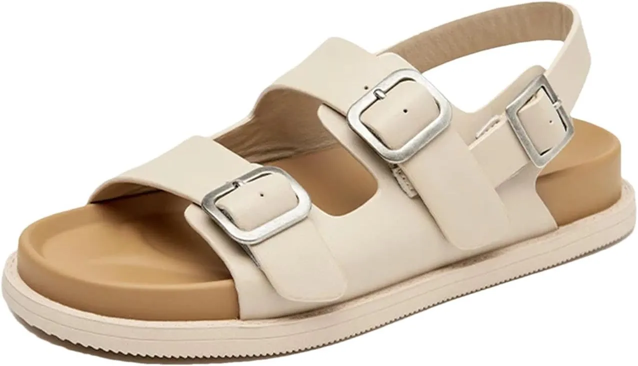 Women's Cow Leather Double Buckle Sandals - Ankle Strap Summer Beach Casual Sport Flats