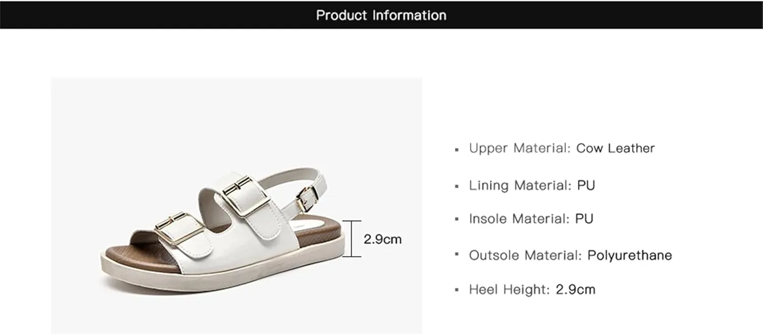 Women's Cow Leather Double Buckle Sandals - Ankle Strap Summer Beach Casual Sport Flats