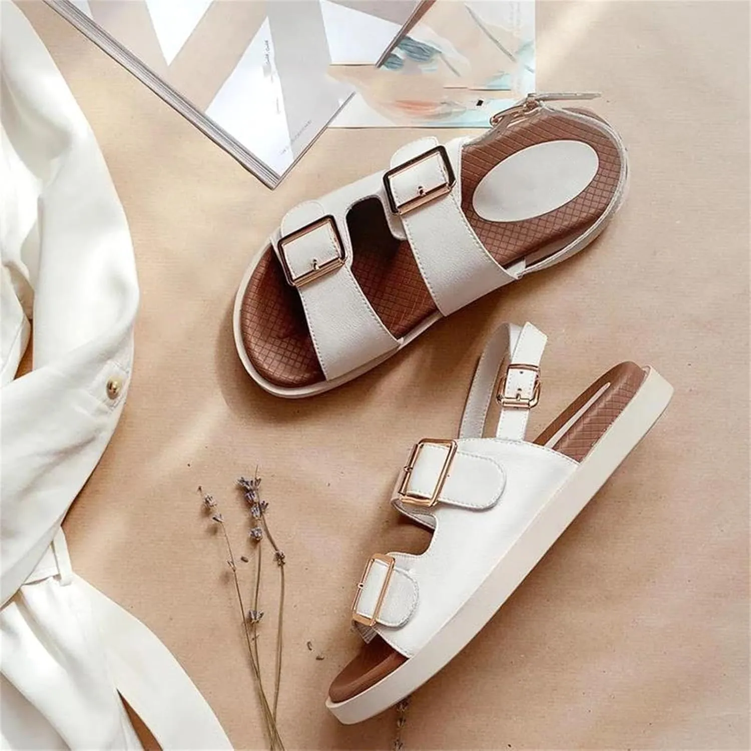 Women's Cow Leather Double Buckle Sandals - Ankle Strap Summer Beach Casual Sport Flats
