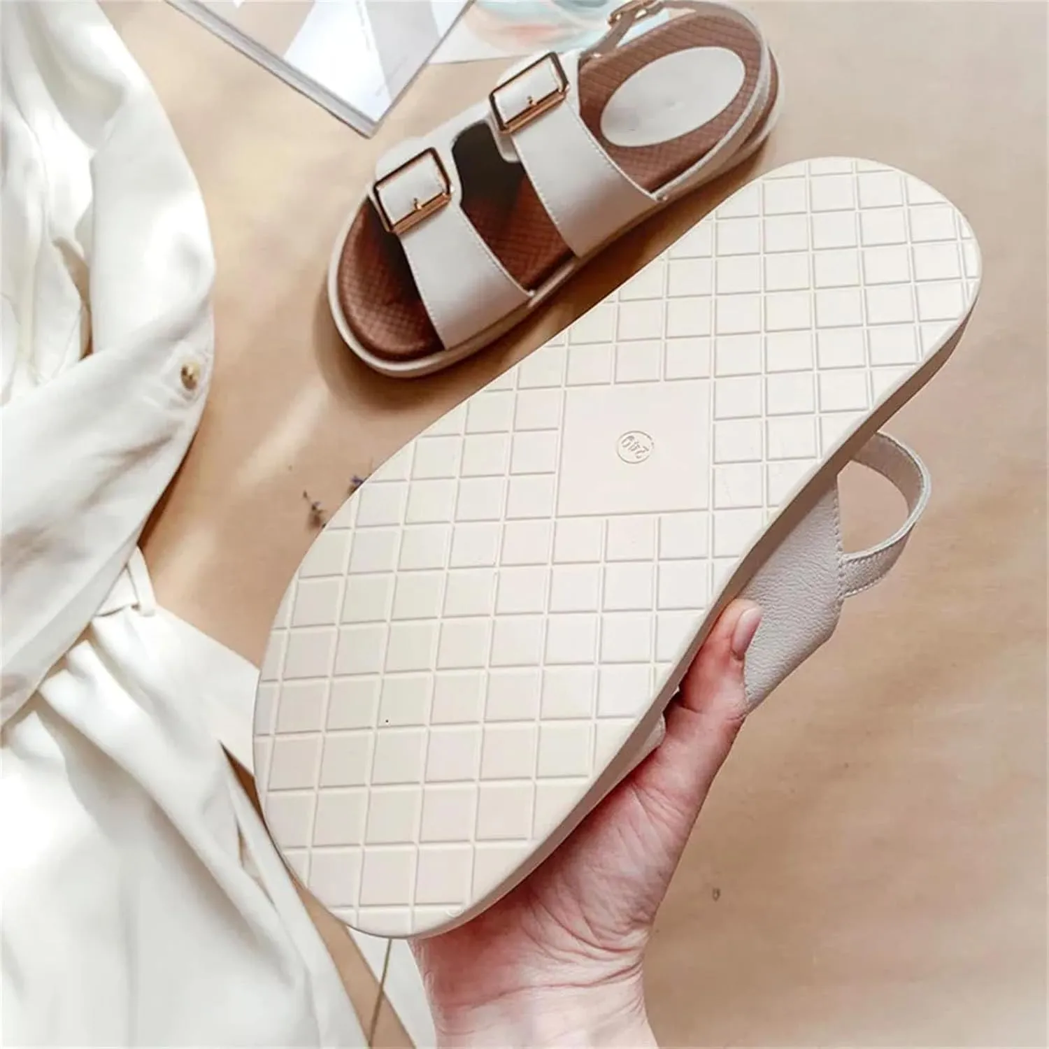 Women's Cow Leather Double Buckle Sandals - Ankle Strap Summer Beach Casual Sport Flats