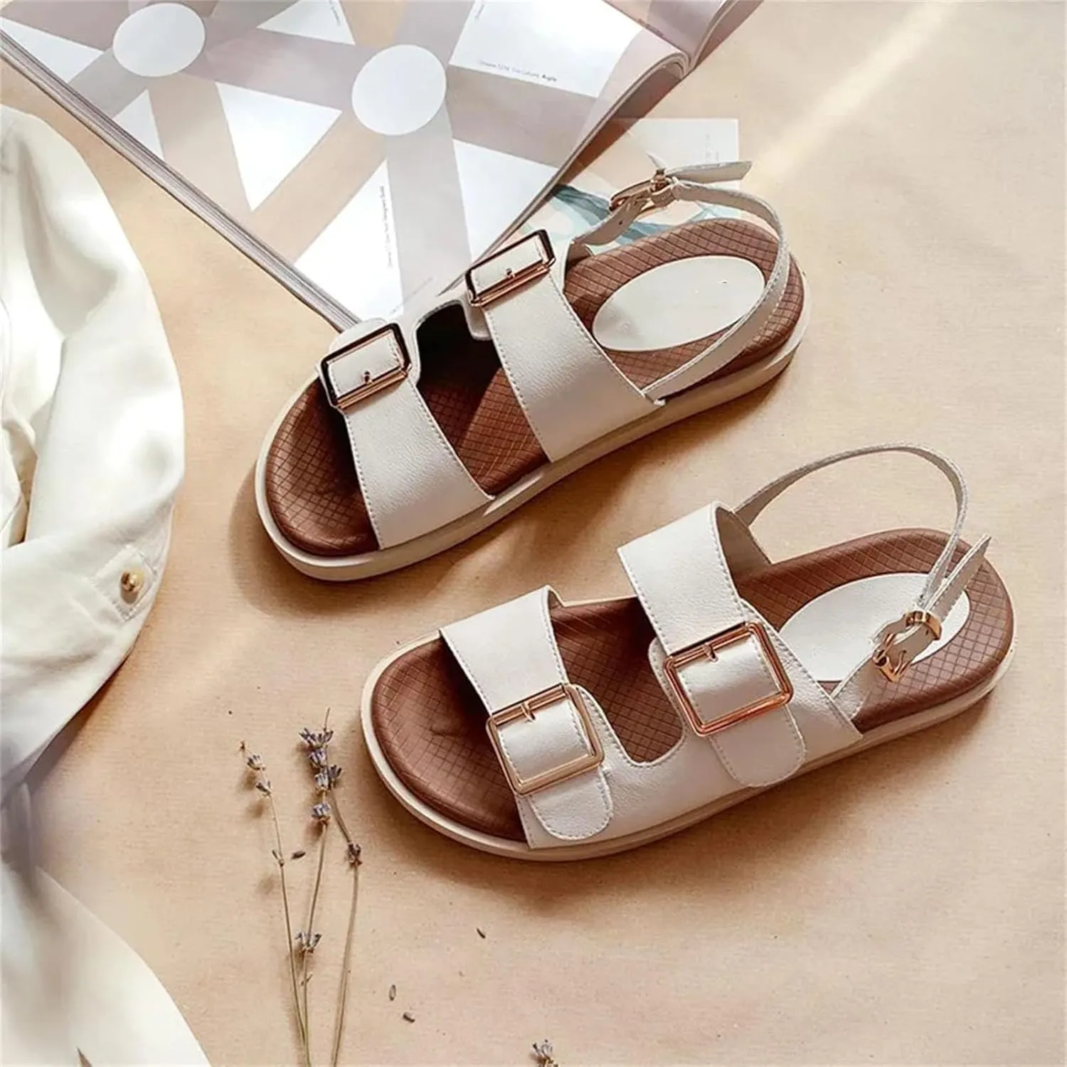 Women's Cow Leather Double Buckle Sandals - Ankle Strap Summer Beach Casual Sport Flats