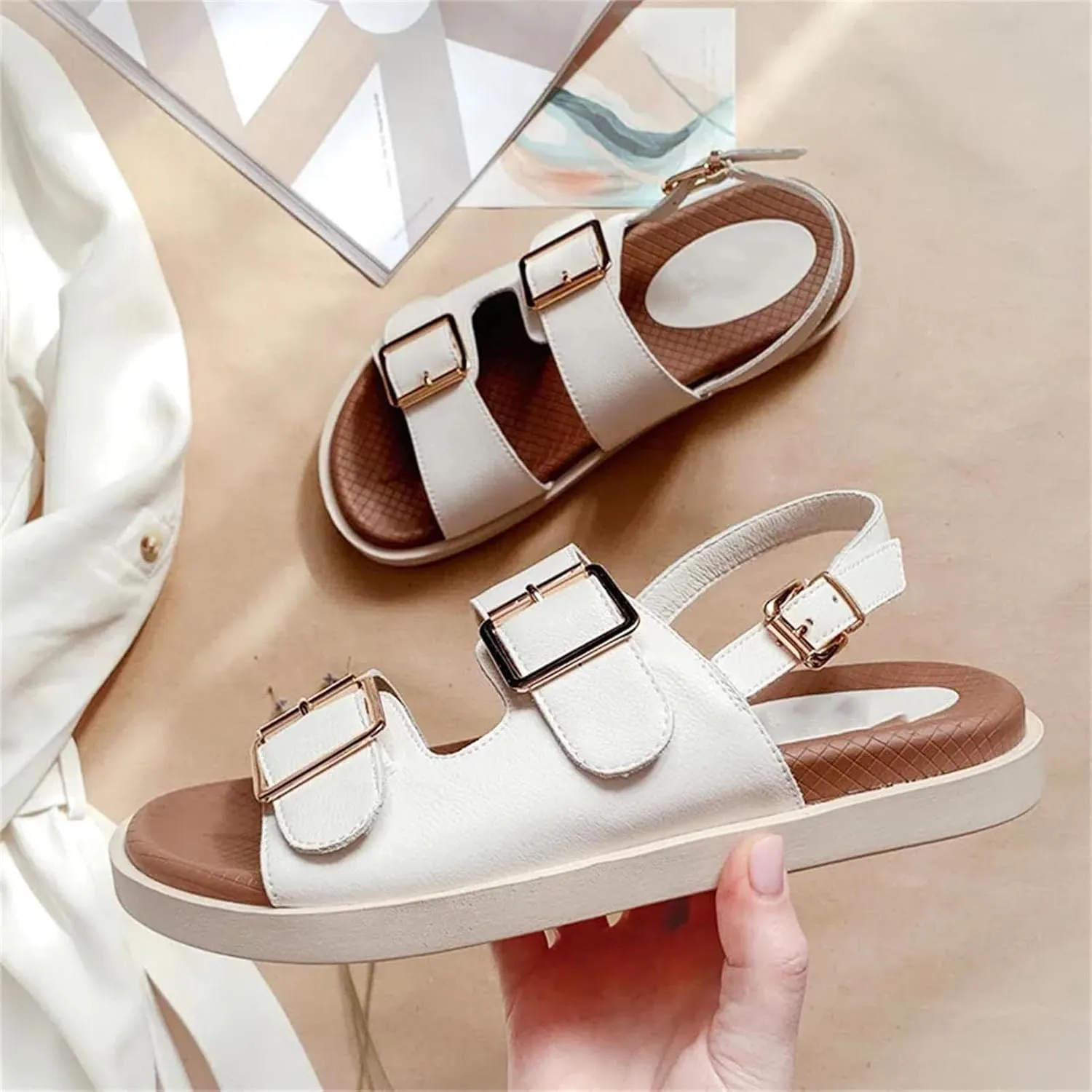 Women's Cow Leather Double Buckle Sandals - Ankle Strap Summer Beach Casual Sport Flats
