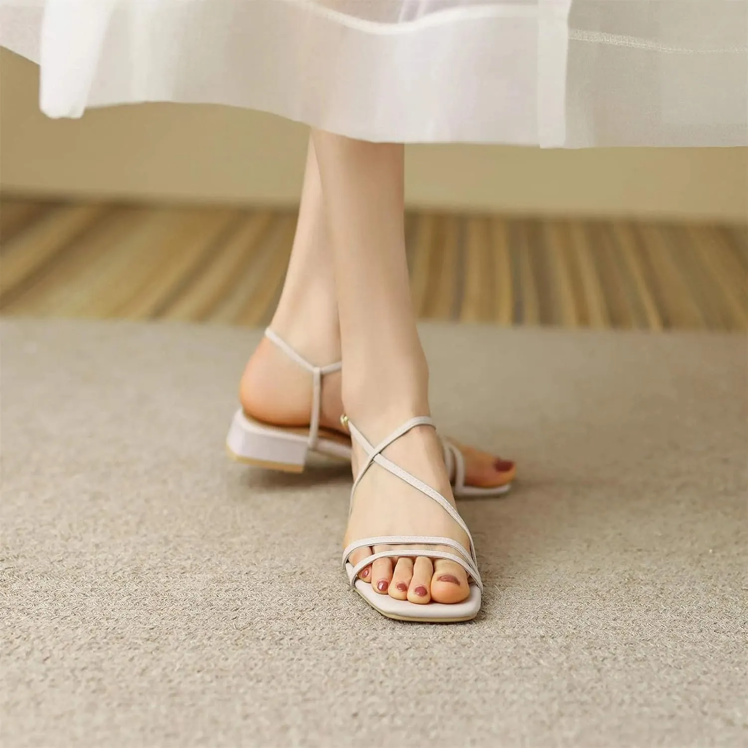 Women's Cow Leather Peep Toe Sandals - Low Heels Slingback Summer Office Lady Dating