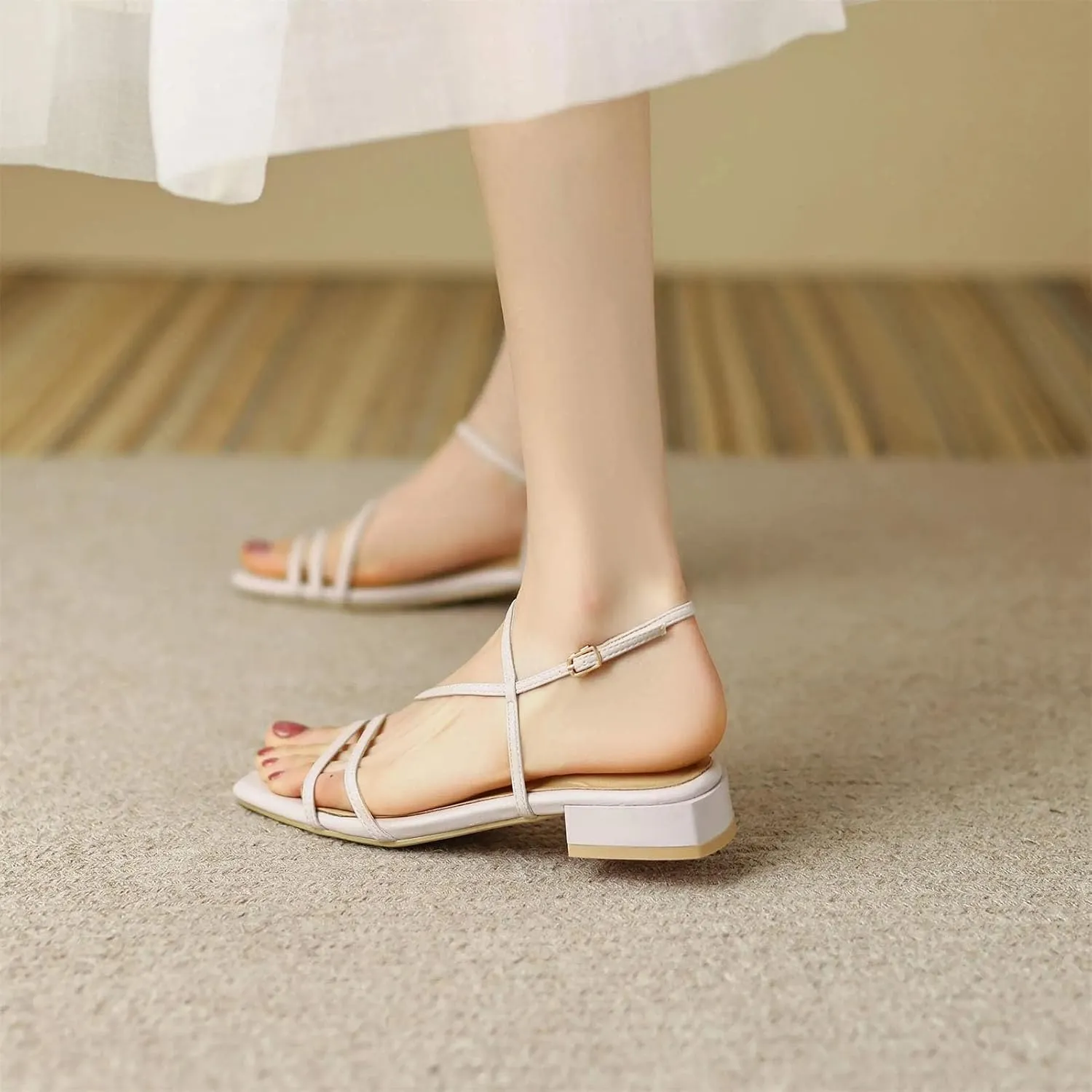 Women's Cow Leather Peep Toe Sandals - Low Heels Slingback Summer Office Lady Dating