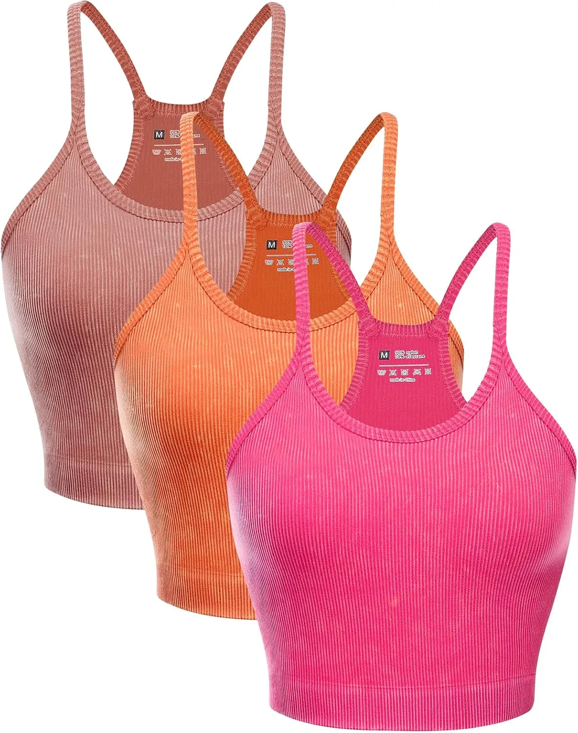 Women's Crop 3-Pack Washed Seamless Rib-Knit Yoga Camisole Crop Tank Tops - Racerback Sport Tank Tops