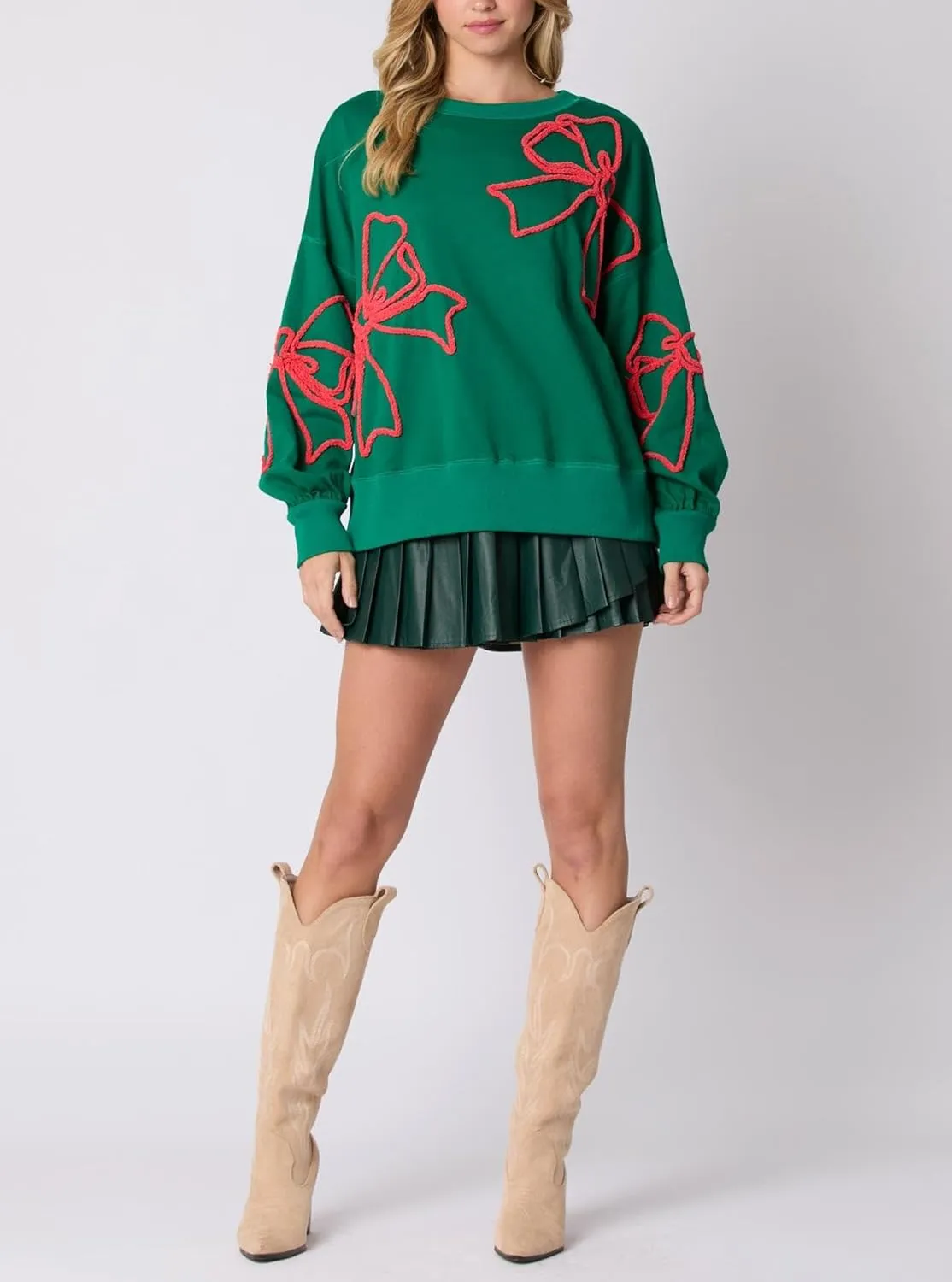 Women's Cute Bow Sweatshirt Casual Lantern Long Sleeve Crew Neck Sweatshirts Fall Loose Fit Y2k Pullover Tops 2024
