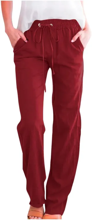 Womens Drawstring Linen Pants High Waisted Elastic Waist Pants Lightweight Straight Leg Lounge Pants Summer Pants