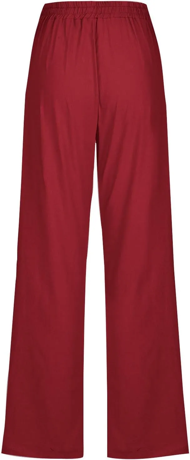 Womens Drawstring Linen Pants High Waisted Elastic Waist Pants Lightweight Straight Leg Lounge Pants Summer Pants