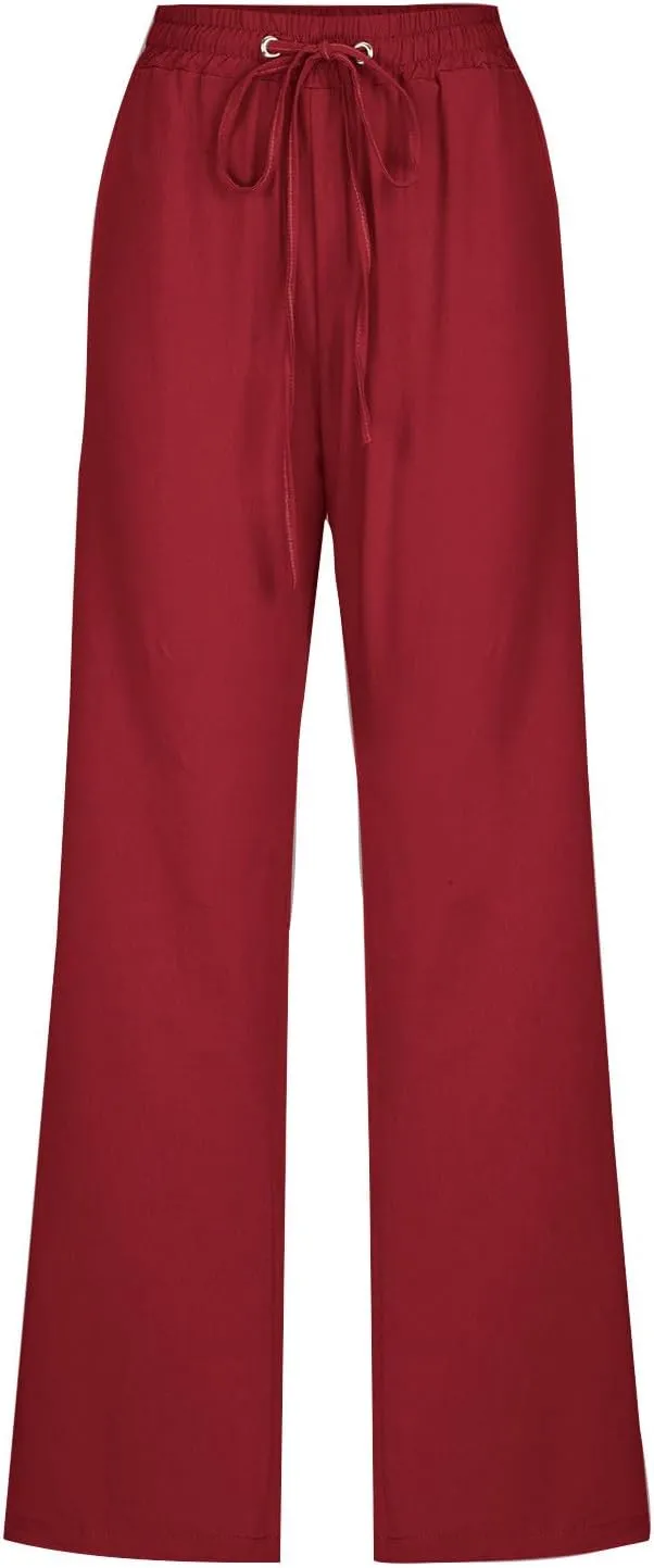 Womens Drawstring Linen Pants High Waisted Elastic Waist Pants Lightweight Straight Leg Lounge Pants Summer Pants