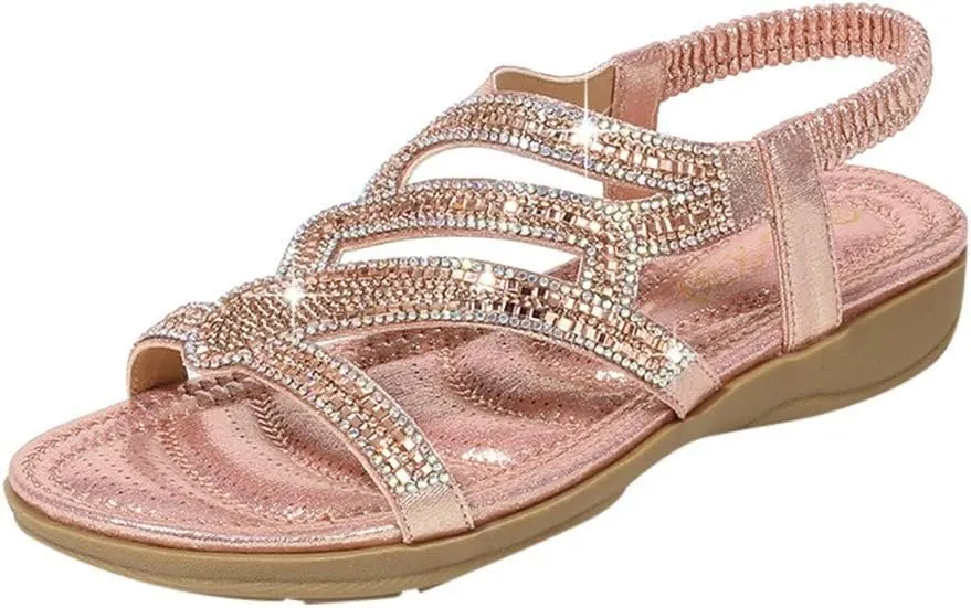 Womens Dressy Summer Sandals Flat Slides Comfortable Slip On Leather Open Toe Beach Bohemian Ankle Strap Elastic Walking Shoes