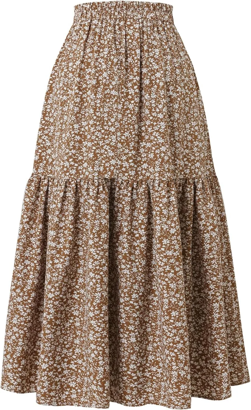 Women's Elastic Waist MIDI Skirt Spring Summer Autumn Floral Skirt Pleated A-line Skirt