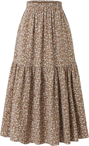 Women's Elastic Waist MIDI Skirt Spring Summer Autumn Floral Skirt Pleated A-line Skirt