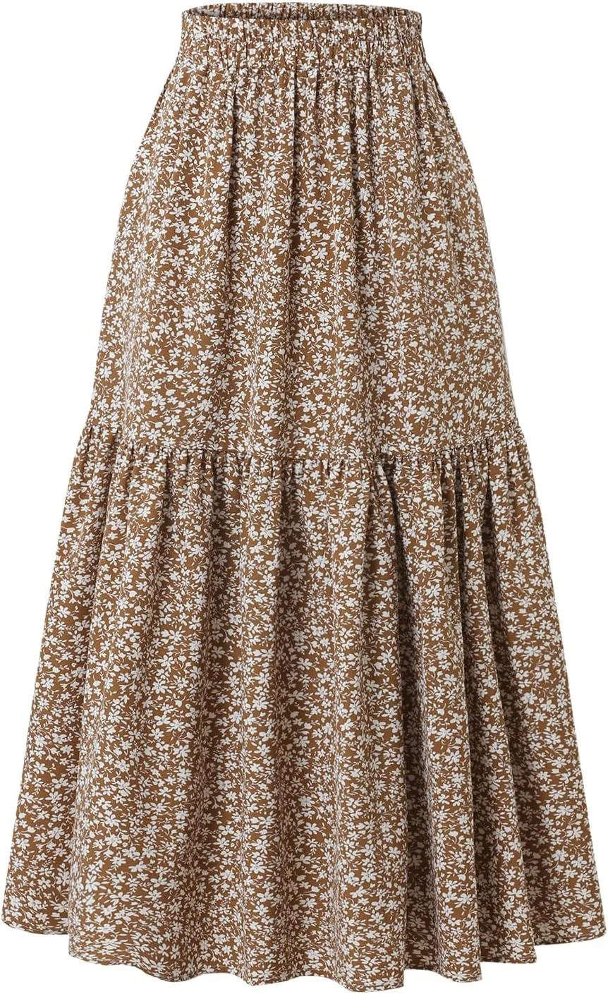 Women's Elastic Waist MIDI Skirt Spring Summer Autumn Floral Skirt Pleated A-line Skirt