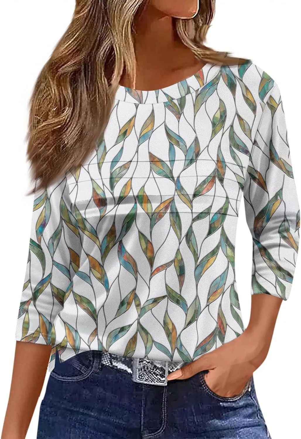 Women's Fashion Casual Loose 3/4 Sleeve Striped Printed Round Neck Top