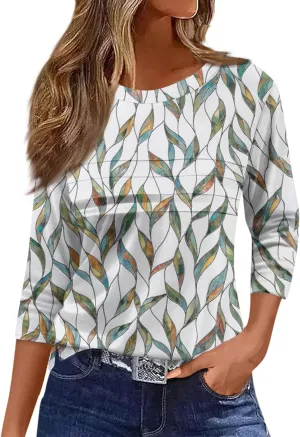 Women's Fashion Casual Loose 3/4 Sleeve Striped Printed Round Neck Top